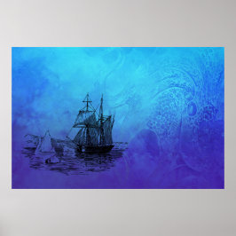 Nautisches Schiff und Oktopus Poster