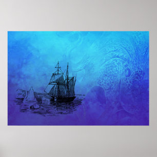 Nautisches Schiff und Oktopus Poster