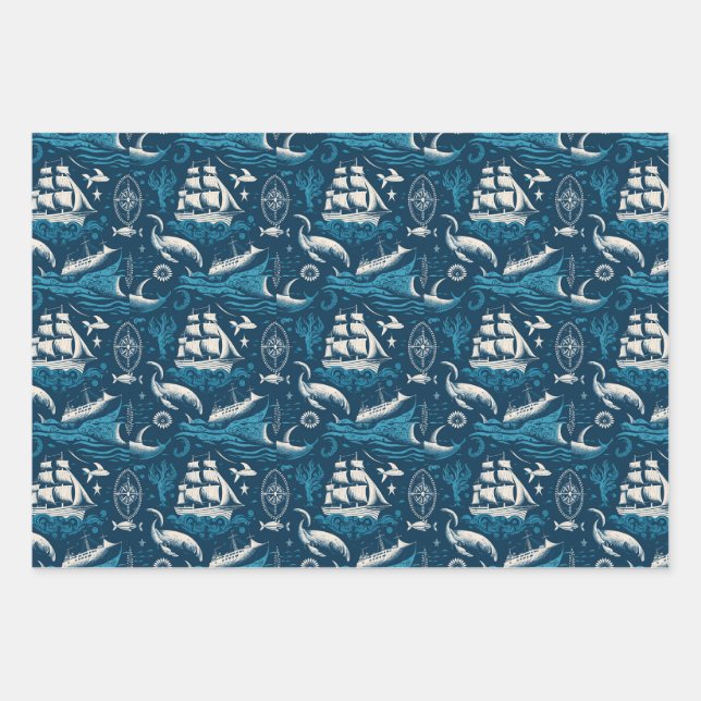 Nautisches Schiffsgedankmuster Nr. 1 Geschenkpapier Set (Vorderseite)