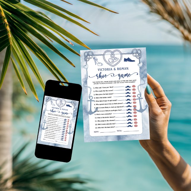 Nautisches Schuhespiel Brause Shower Hochzeitskart Einladung (wedding games couples shower bride and groom elegant instant digital download monogram names shoes )