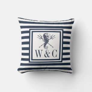 Nautisches Seepferd Monogram Navy Blue Striping Kissen