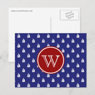 Nautisches Segel weg auf Blau mit rotem Monogramm Postkarte