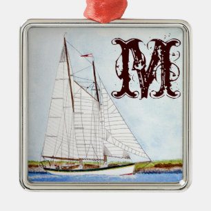 Nautisches Segelboot Meer Monogramm Initial Orname Silbernes Ornament