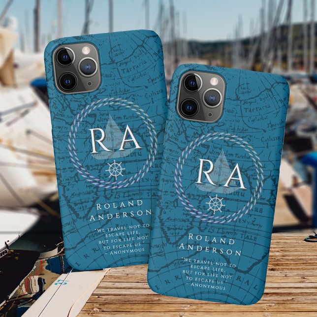 Nautisches Seil Monogramm Karte Blau Case-Mate iPhone Hülle (Nautical Map Monogram Traveller Blue iPhone Case.)