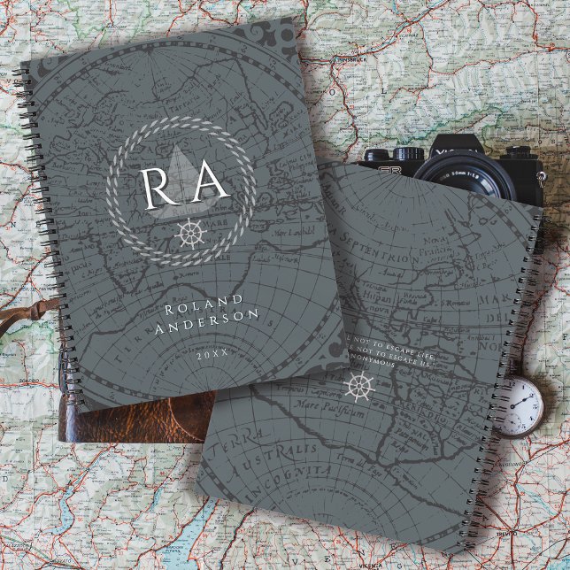 Nautisches Seil Monogramm Karte Grau Planer (Nautical Map Monogram Traveller Grey Notebook.)