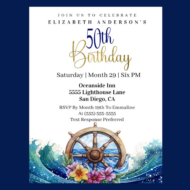 Nautisches Steuerrad 50. Geburtstag Einladung (Nautical sailing wheel ocean waves floral 50th birthday invitation in navy blue and gold
)