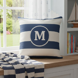 Nautisches Streifenmuster Monogramm Navy Weiß ID12 Kissen