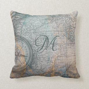Nautisches Vintage-Karten-Kompass-Monogramm Kissen
