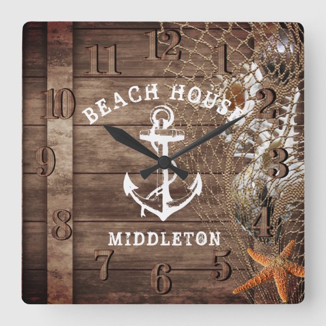 Nautisches Vintages Holz Quadratische Wanduhr (Vorderseite)