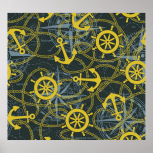 Nautisches Vintages Muster, Anker und Karte. Poster