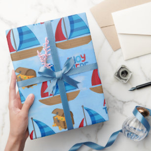 Nautisches Wasserfarbenboot Piratenschatz Blau Geschenkpapier