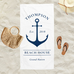 Nautisches Weißes Anker Strandhaus Monogramm Strandtuch