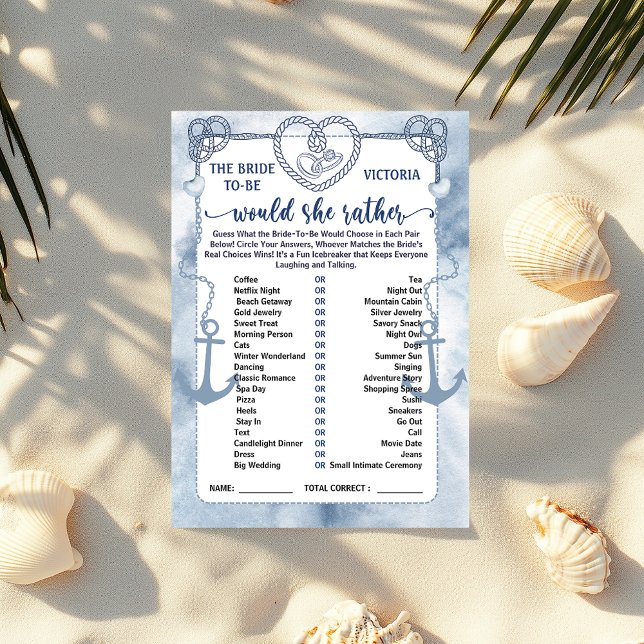 Nautisches Würde Sie Eher Spiel Brause Karte (Nautical Would She Rather Game Bridal Shower card)