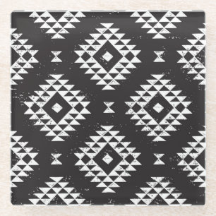 Navajo Geometric: Schwarz-weißes Stamm. Glasuntersetzer