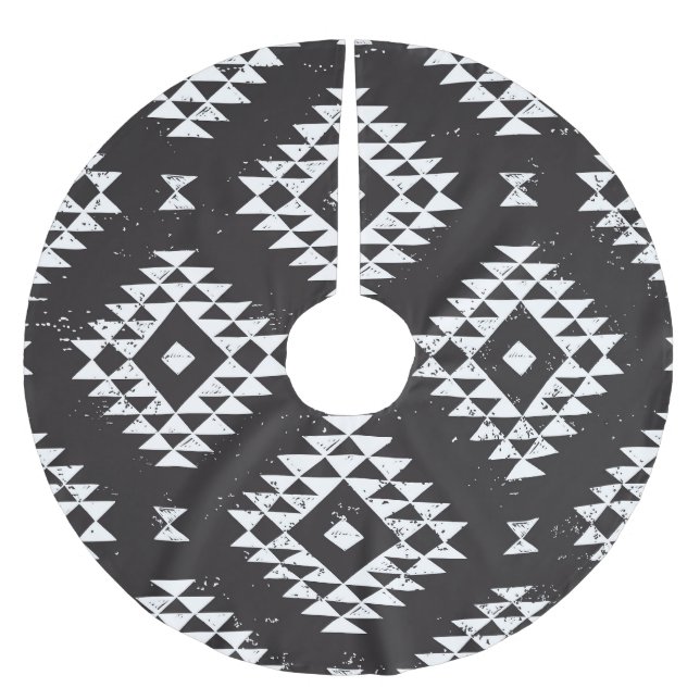 Navajo Geometric: Schwarz-weißes Stamm. Polyester Weihnachtsbaumdecke (Vorderseite)