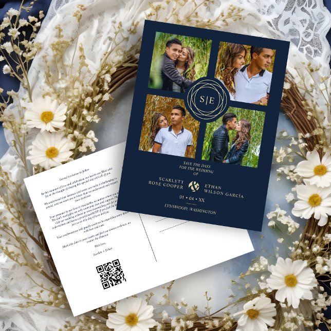 Navi Blue & Gold Minimal Initials Simple 4 Photos Postkarte (Navy Blue & Faux Gold Minimal Initials Wedding Fancy 4 Multi Photos Collage Save the Date Postcard.)