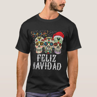 Navidad Sugar Skulls Reindeer Santa Mexican Christ T-Shirt