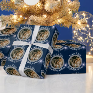 Navidades Foto Round Silver y Stars Blue Geschenkpapier