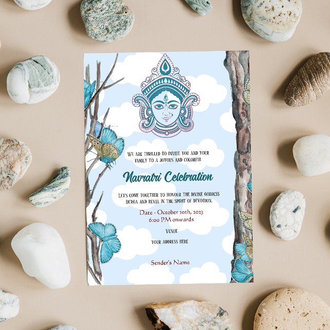 Navratri Durga Puja Celebration Sky Blue Butterfly Einladung (Von Creator hochgeladen)