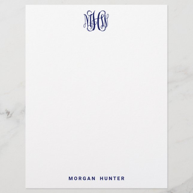 Navy 3 Initial Vine Script Monogram DIY BG Briefbogen (Vorderseite)