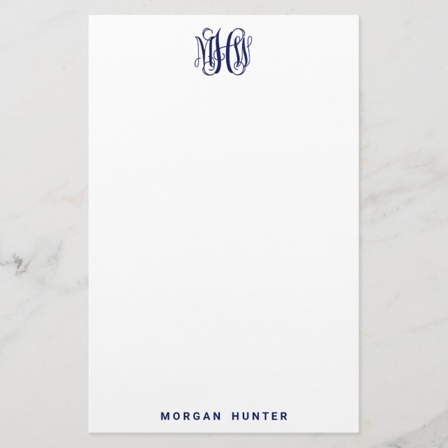 Navy 3 Initial Vine Script Monogram DIY BG Briefpapier (Vorderseite)