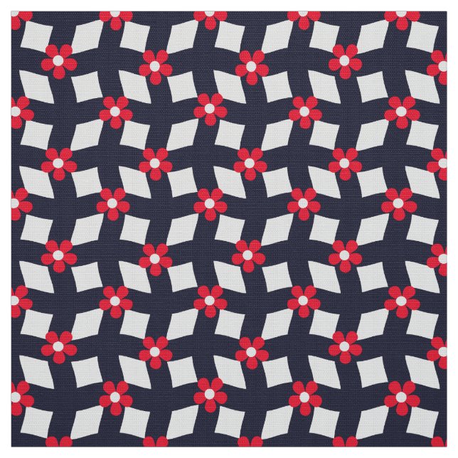 Navy Abstract Floral Grid - Poplin Fabric Stoff (Muster)