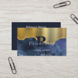 Navy Agate Brushed Gold Metal Business Card Visitenkarte