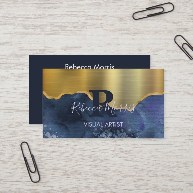 Navy Agate Brushed Gold Metal Business Card Visitenkarte (Vorderseite/Rückseite Beispiel)
