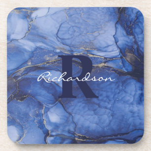 Navy Agate Monogram und Name Marble Luxe Getränkeuntersetzer