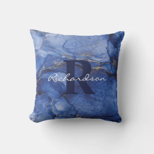 Navy Agate Monogram und Name Marble Luxe Kissen