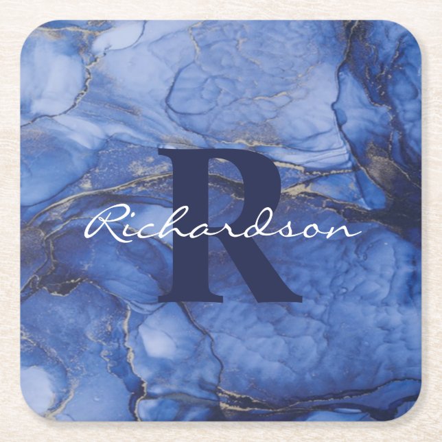 Navy Agate Monogram und Name Marble Luxe Rechteckiger Pappuntersetzer (Vorderseite)