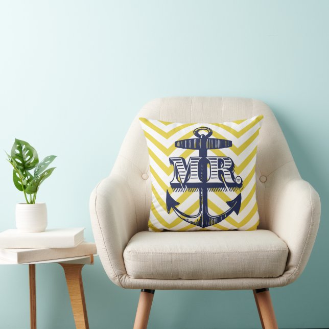 Navy Anchor Groom Zig Zag Pattern Bride Pillow Kissen (Stuhl )