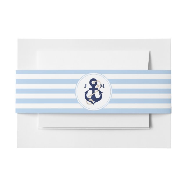 Navy Anchor Monogram Blue Sripes Nautical Wedding Einladungsbanderole (Vorderseite Beispiel)