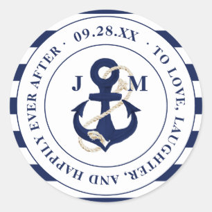 Navy Anchor Monogram glücklich je nach Hochzeit Runder Aufkleber