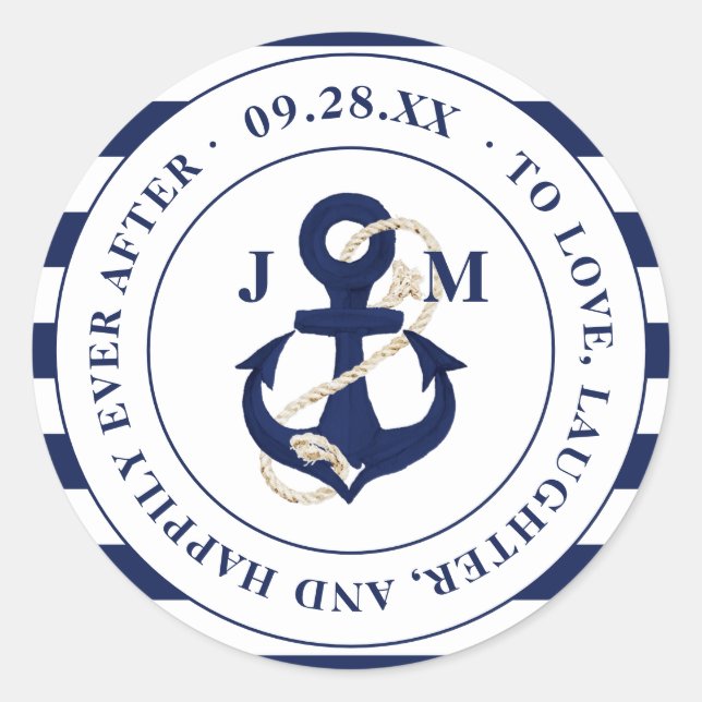 Navy Anchor Monogram glücklich je nach Hochzeit Runder Aufkleber (Vorderseite)