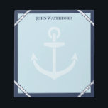 Navy Anchor & Rope Nautic Add Your Name Notizblock<br><div class="desc">Nautisches Notizblock in Blautönen mit marineblau Rahmen, Details an weißen Seilen, heller Anker und dein Name. Nehmen Sie Notizen und Dinge, um sich in diesem Anker-Thema Notizblock mit nautischen Farben und personalisiert mit Ihrem Namen zu merken. Ein Notizblock für den Kapitän in deinem Leben mit Seil, einem Anker und ihrem...</div>