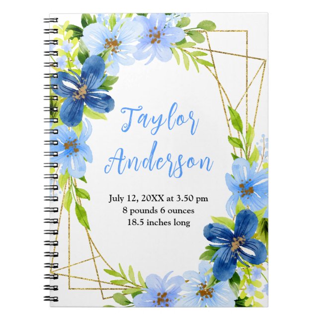 Navy and Baby Blue Floral Baby Birth Stats Notizblock (Vorderseite)