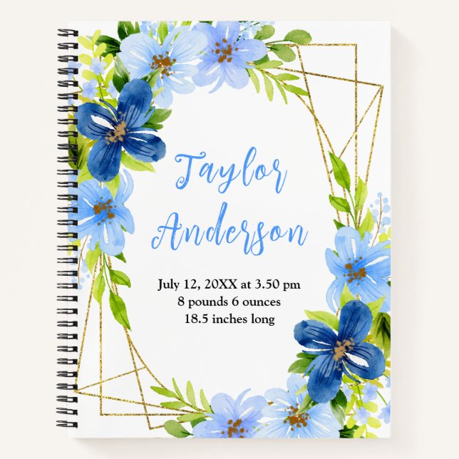 Navy and Baby Blue Floral Baby Birth Stats Notizbuch (Vorderseite)