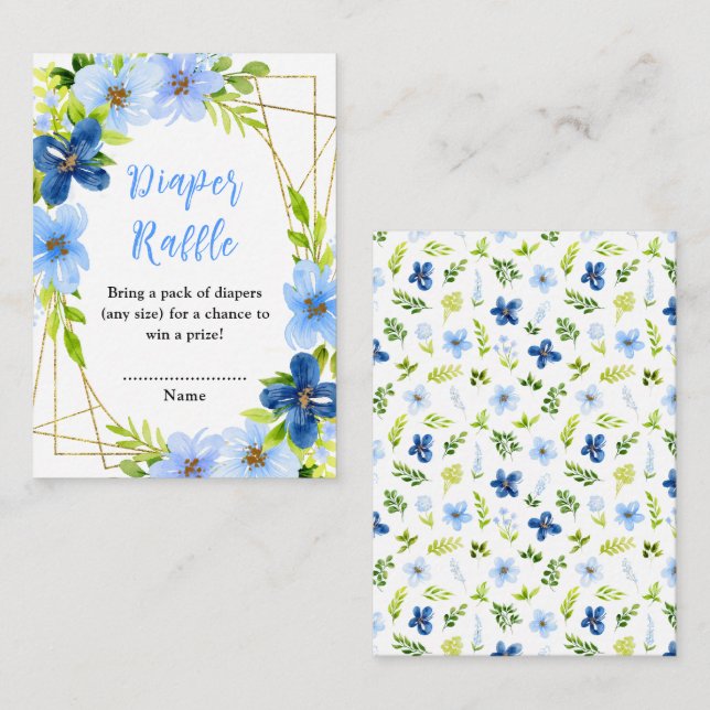 Navy and Baby Blue Floral Baby Diaper Raffle Begleitkarte (Vorne/Hinten)