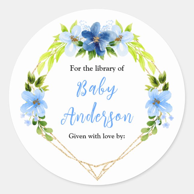 Navy and Baby Blue Floral Baby Shower Bookplate Runder Aufkleber (Vorderseite)