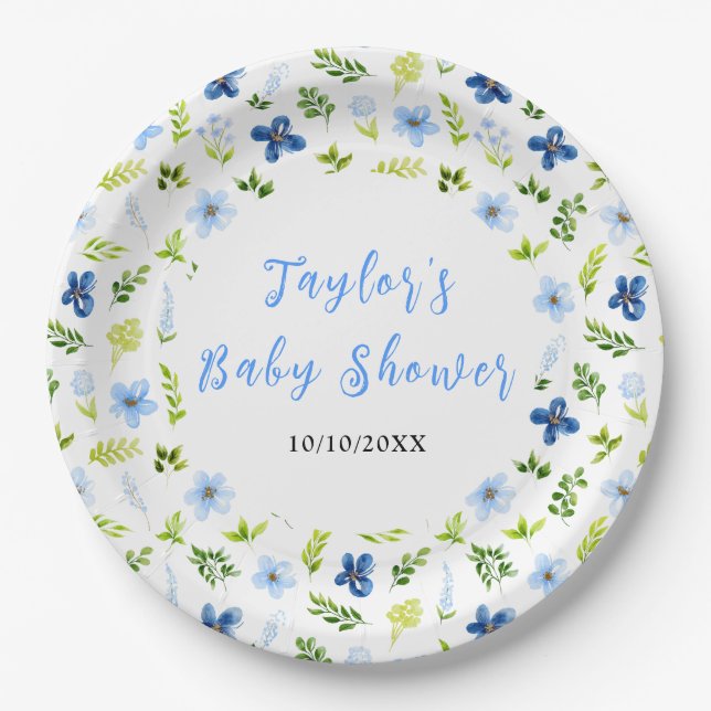 Navy and Baby Blue Floral Baby Shower Pappteller (Vorderseite)