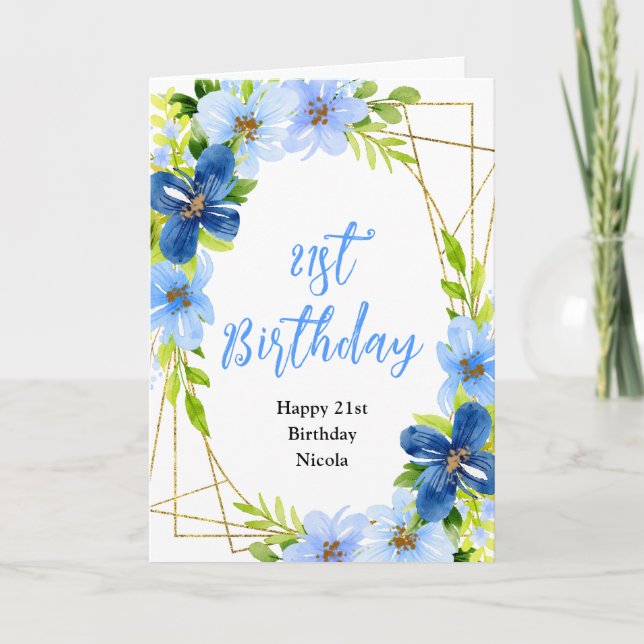 Navy and Baby Blue Floral Birthday Karte (Vorderseite)