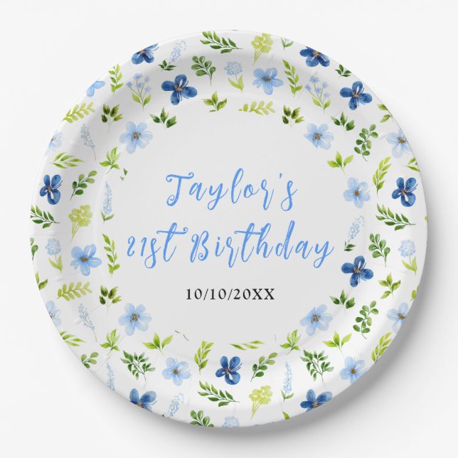 Navy and Baby Blue Floral Birthday Pappteller (Vorderseite)