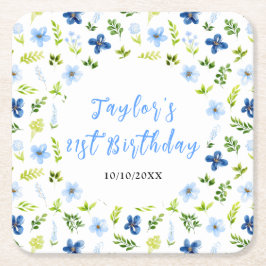 Navy and Baby Blue Floral Birthday Rechteckiger Pappuntersetzer