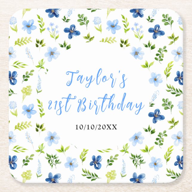 Navy and Baby Blue Floral Birthday Rechteckiger Pappuntersetzer (Vorderseite)