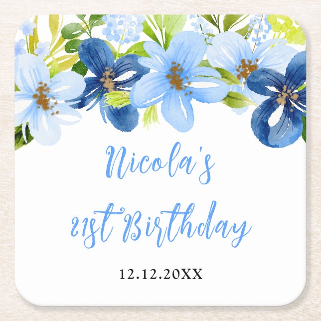 Navy and Baby Blue Floral Birthday Rechteckiger Pappuntersetzer (Vorderseite)