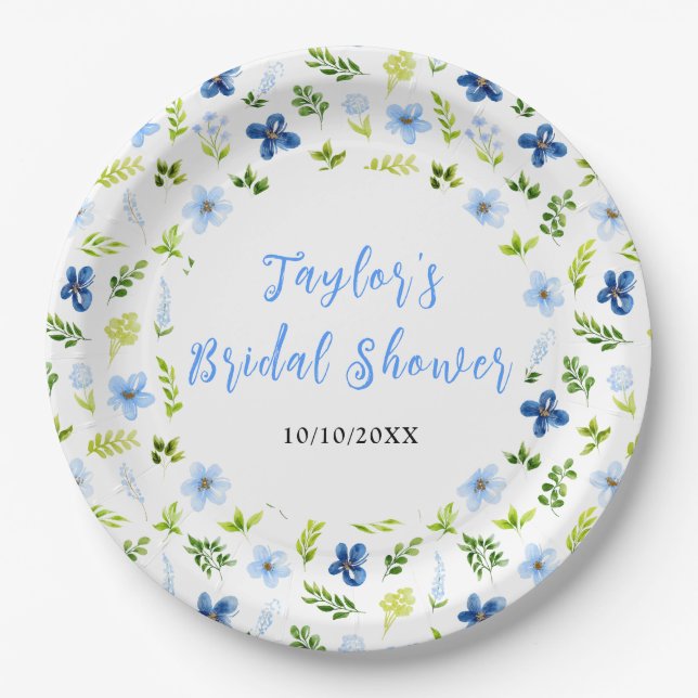 Navy and Baby Blue Floral Bridal Shower Pappteller (Vorderseite)