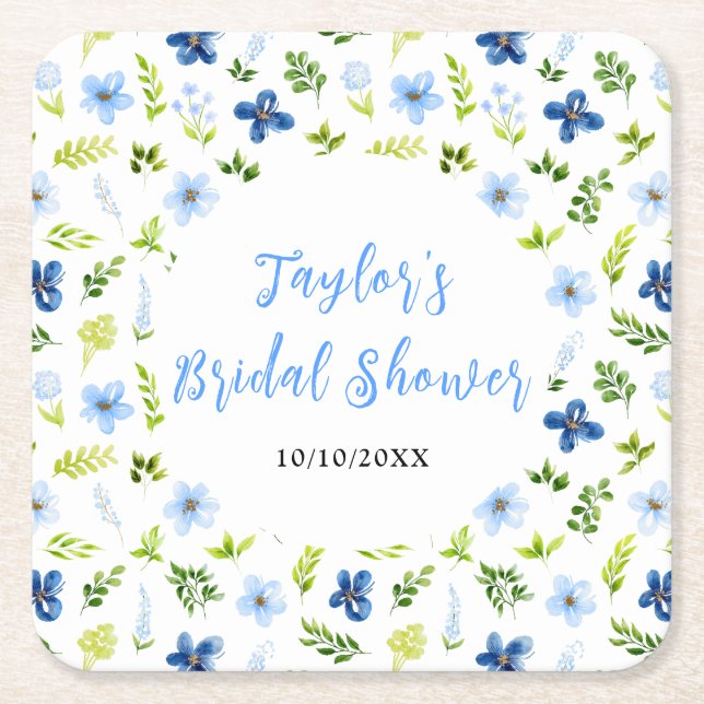 Navy and Baby Blue Floral Bridal Shower Rechteckiger Pappuntersetzer (Vorderseite)