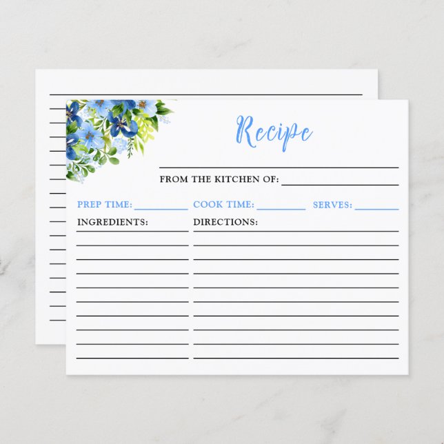 Navy and Baby Blue Floral Recipe Card (Vorne/Hinten)