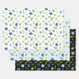 Navy and Baby Blue Flowers with Foliage Pattern Geschenkpapier Set